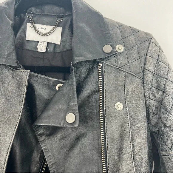 Muubaa Crackle Black Lamb Leather Biker Motorcycle Jacket Quilted Zip Up 6 - Picture 8 of 16